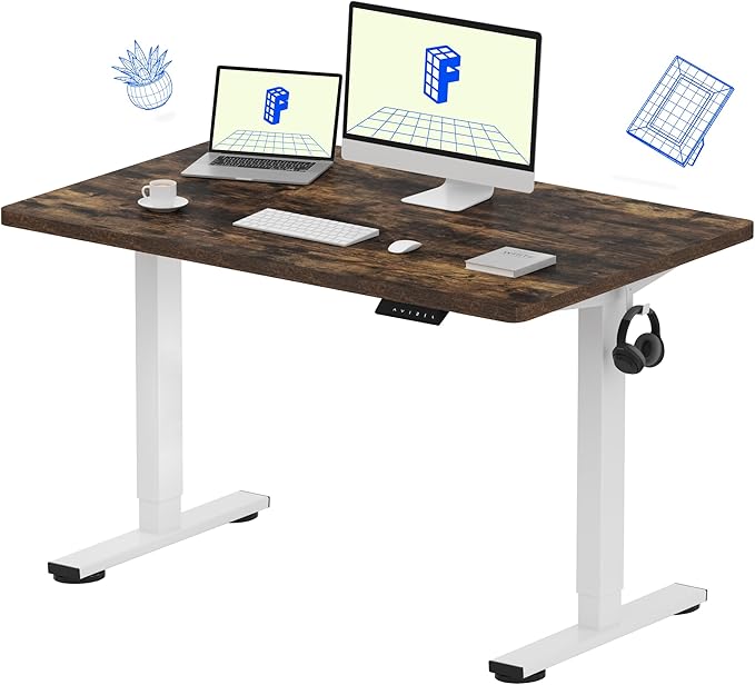 FLEXISPOT EN1 One-Piece Standing Desk, 48 x 30 Inches Electric Height Adjustable Desk for Home Office and Workstation (White Frame + Rustic Brown Top, 2 Packages)