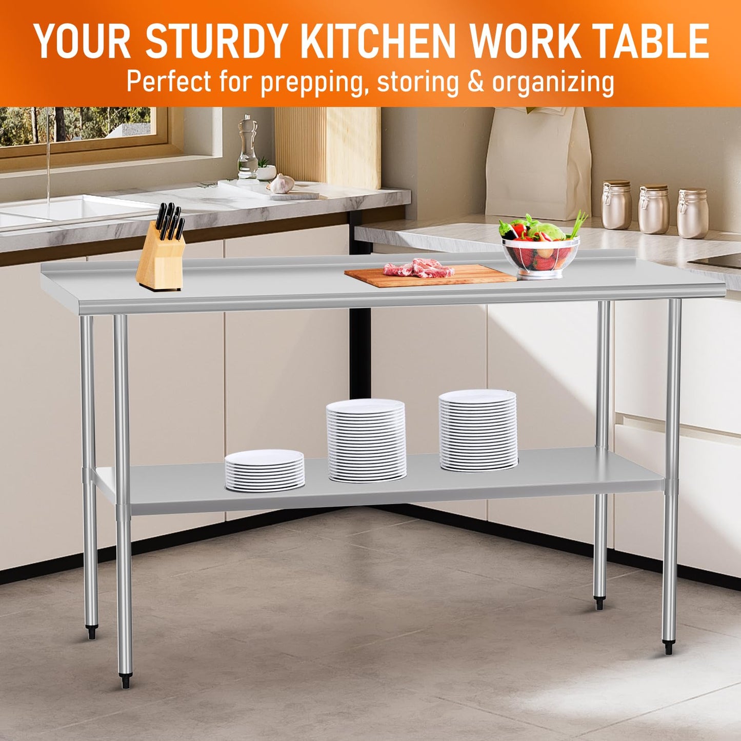 HOCCOT Stainless Steel Table 24" x 60" with Adjustable Undershelf and Backsplash, Commercial Metal Workstations for Kitchen, Garage, Outdoor BBQ