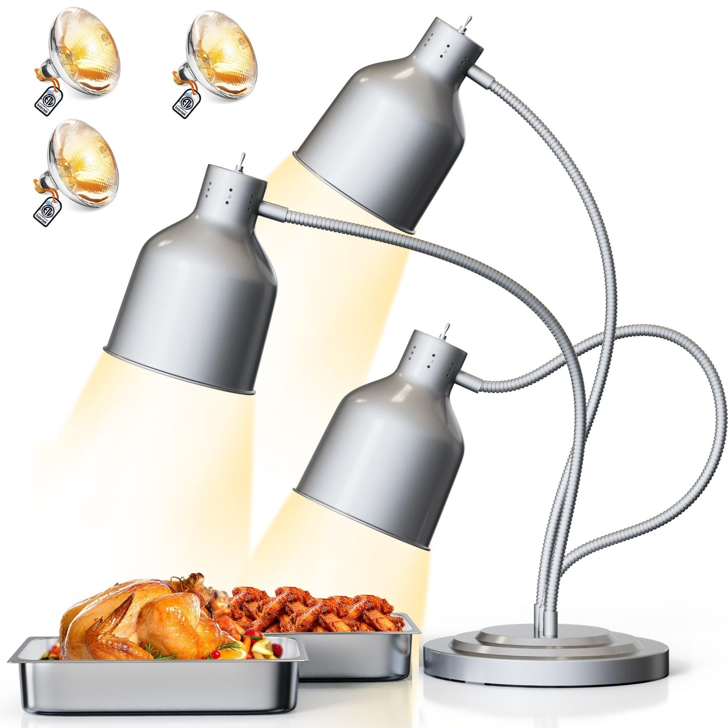 PYY Food Heat Lamp - 750W Steady Heating Commercial Food Warmer Lamp, 3 Bulbs Included, Heavy Base for Stability & Stainless Steel Build, 17.3 lbs Ideal for Catering, Restaurant, Buffet, (3-Head)
