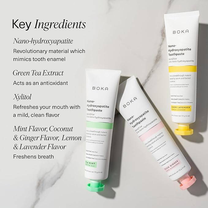 Boka Fluoride Free Toothpaste, Nano Hydroxyapatite Toothpaste, Appropriate for Sensitive Teeth - for Adult, Kids Oral Care - Ela Mint, Coco Ginger, Lemon Lavender Flavor, 4 Fl Oz 3Pk US Manufactured