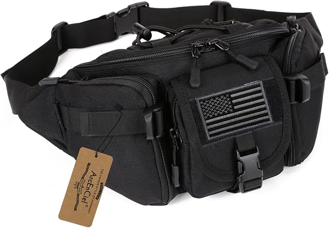 ArcEnCiel Tactical Fanny Pack for Men Women Waist Bag Hip Belt Outdoor Hiking Fishing Bumbag with Patch (Black)