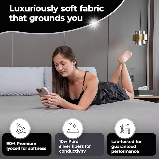 Silvery Silver-Infused Grounding Bed Sheets - Silky-Soft Earthing Fitted Sheet with Grounding Cable & Guide - 90% Lyocell 10% Conductive Silver for Better Sleep & Natural Recovery (California King)