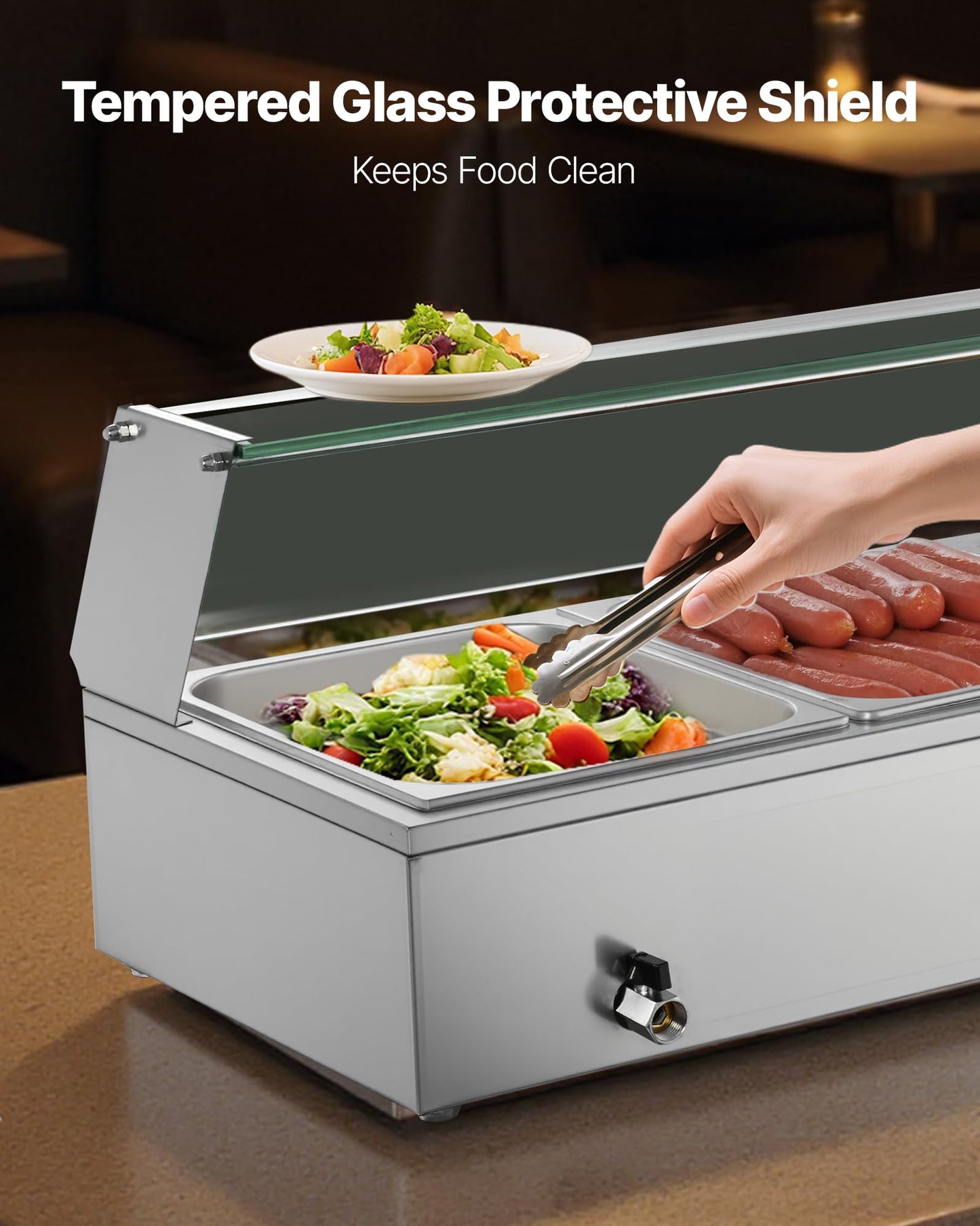 VEVOR Commercial Food Warmer, 1500W Electric Stainless Steel Steam Food Warmer with Glass Cover, Countertop Buffet Bain Marie with Five 1/2 Size Food Pans, for Catering, Restaurant, Party & Buffets