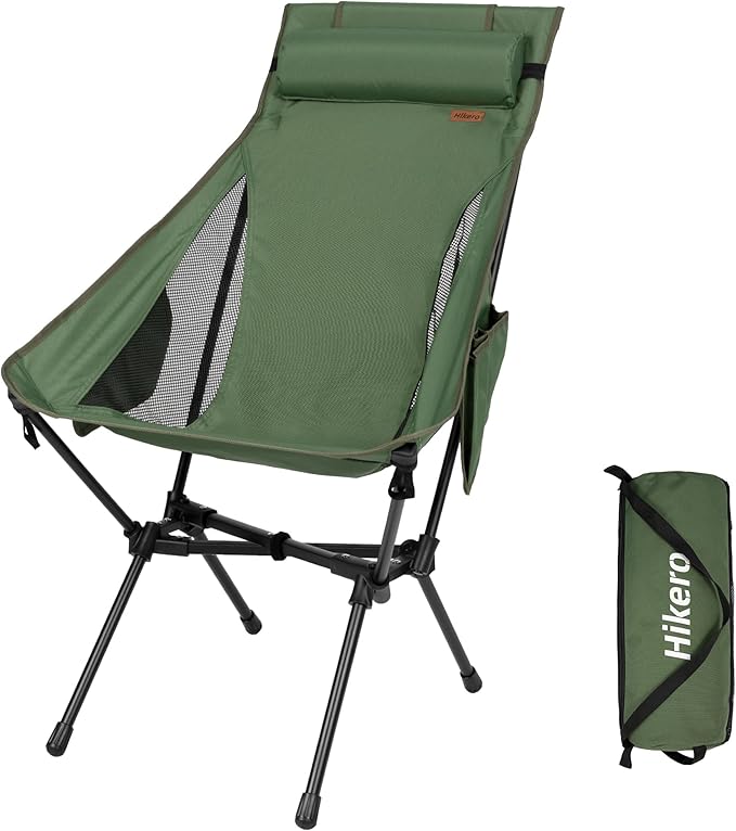 Hikero Portable High Back Camping Chair, Support Heavy Duty 440 lbs, Lightweight Folding Chair with Adjustable Pillow for ...