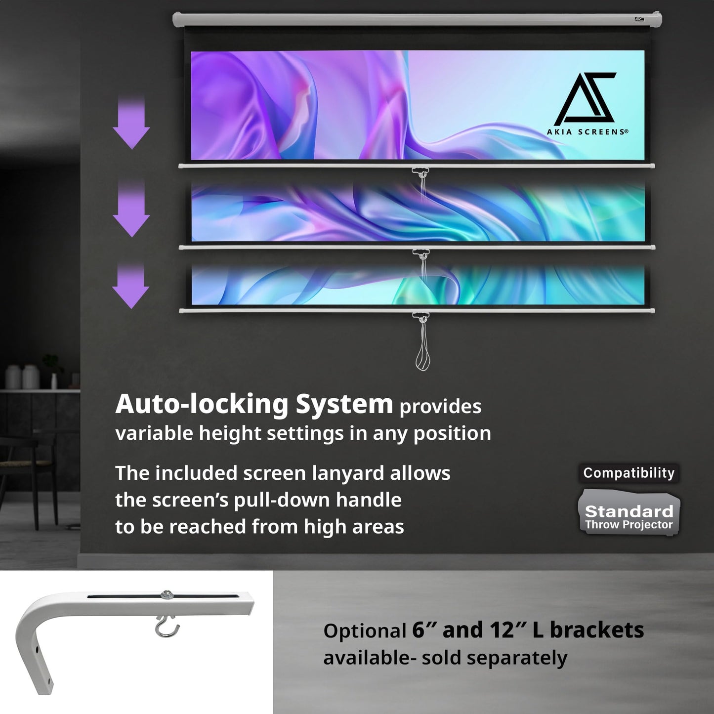 Akia Screens 110 Inch Manual Pull Down Projector Screen, 16:9 Retractable Projection Screen, 4K 8K HD Ready, Wall or Ceiling Mount, Auto-Locking Indoor Home Theater Screen, White Case (AK-M110H1)