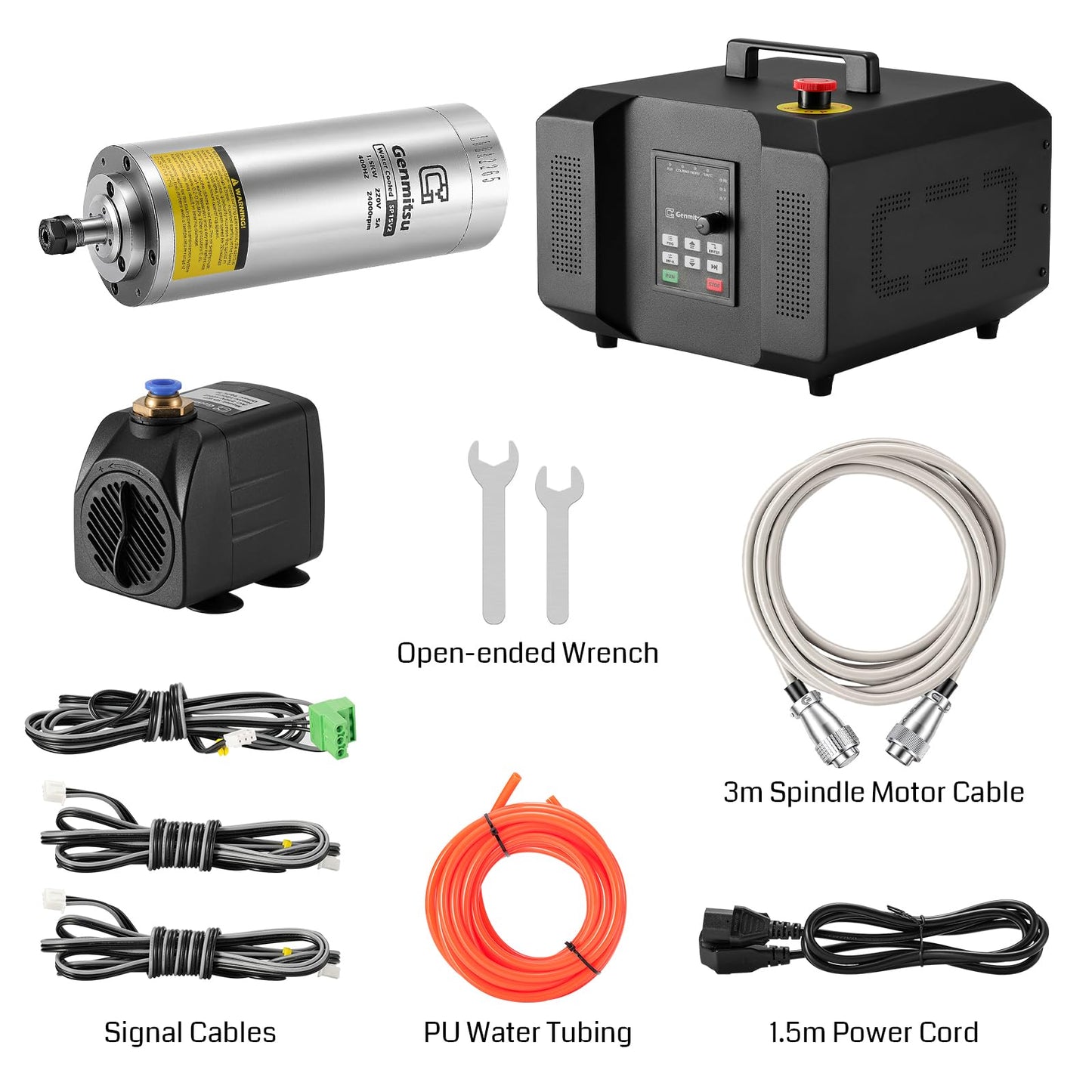 Genmitsu CNC Spindle Motor Kit, 1.5KW, Water Cooled Spindle Motor, 24000 RPM ER11 Collet with Pre-Wired VFD Inverter Box & Pump - 4 Bearing Precision Motor for CNC Router Machine Engraving