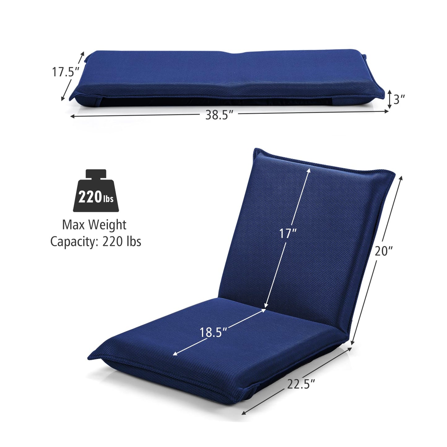 MAT EXPERT Adjustable Floor Chair, 6-Position Mesh Floor Gaming Chair, Folding Lazy Sofa Padded Lounger Recliner, Cushioned Floor Chair with Back Support for Reading, Meditating (Navy Blue)