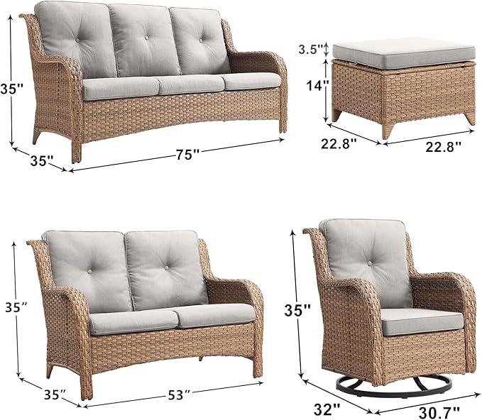 Rilyson Patio Furniture Swivel Chairs Set - 6 Piece Wicker Rattan Outdoor Sectional Conversation Sets with 2 Rocking Swivel Chairs,2 Ottomans,1 Sofa and 1 Loveseat for Porch Deck(Yellow/Beige)