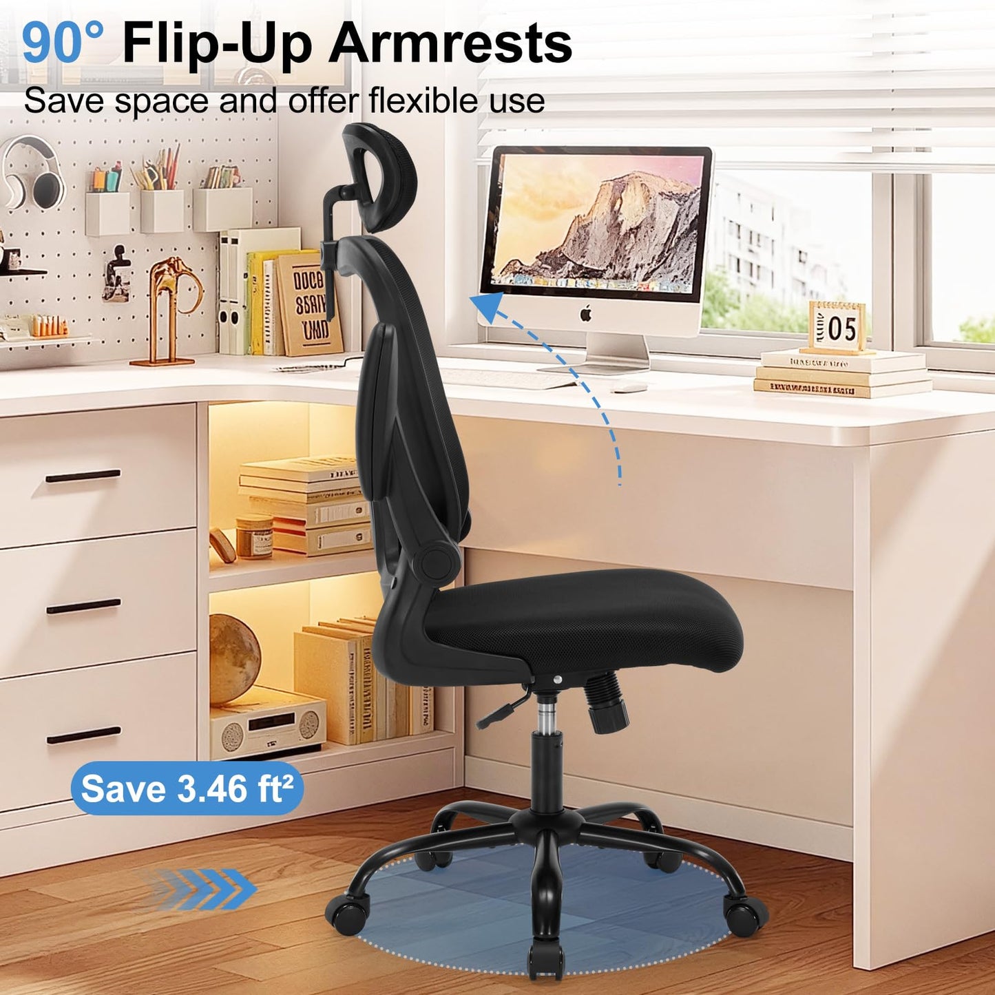Office Chair Ergonomic Desk Chair High Back Mesh Computer Chair with Adjustable Lumbar Support & Headrest, Flip-Up Armrests, 300lbs Capacity 360 Swivel Chair for Home Office, Black