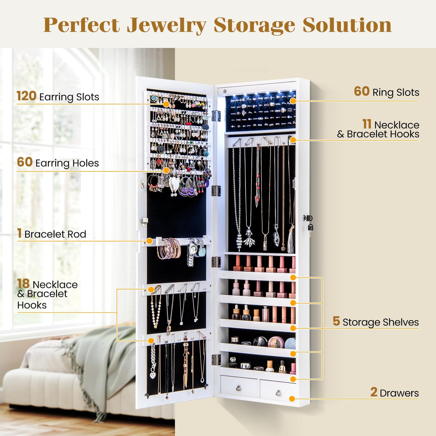 NAFORT 15 LEDs Full Length Mirror Jewelry Cabinet, Jewelry Armoire with Mirror 5 Shelves and 2 Drawers, Door/Wall Mounted Jewelry Mirror with Storage, Over the Door Jewelry Organizer