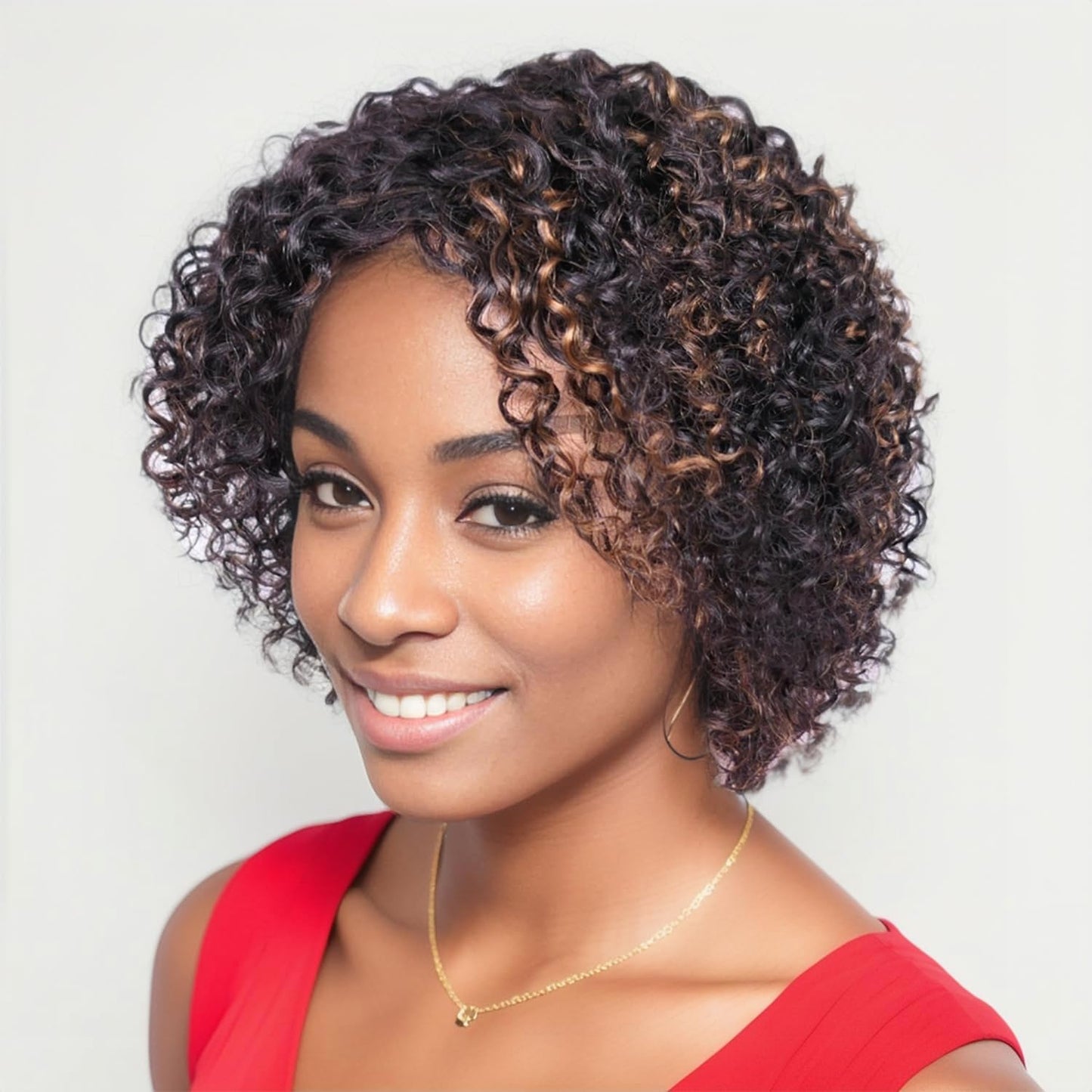 Velicoo Short Curly Human Hair Wigs for Black Women Lightweight Breathable Highlight Wig Ombre Black and Copper Brazilian Hair 1