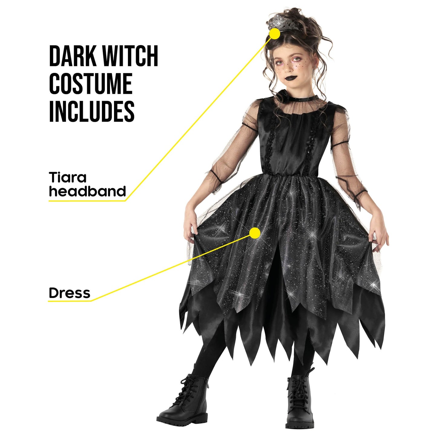 Morph Kids Gothic Witch Costume For Girls - Black Witch Dress For Kids - Spooky Halloween Outfit For Girls, Small