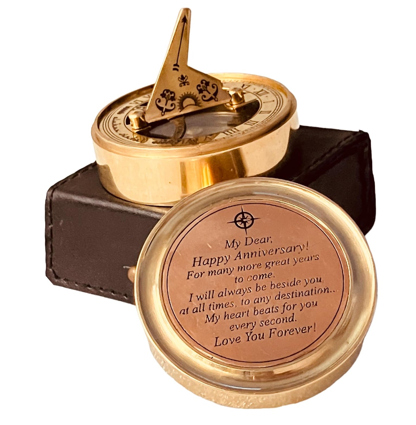 Anniversary Sundial Gift for Him or Her Sundial Clock Compass - Unique Gift for Husband or Wife, Men 1st Wedding Anniversary 50th 40th 25th 20th Year Celebration (Anniversary Sundial Leather Case)