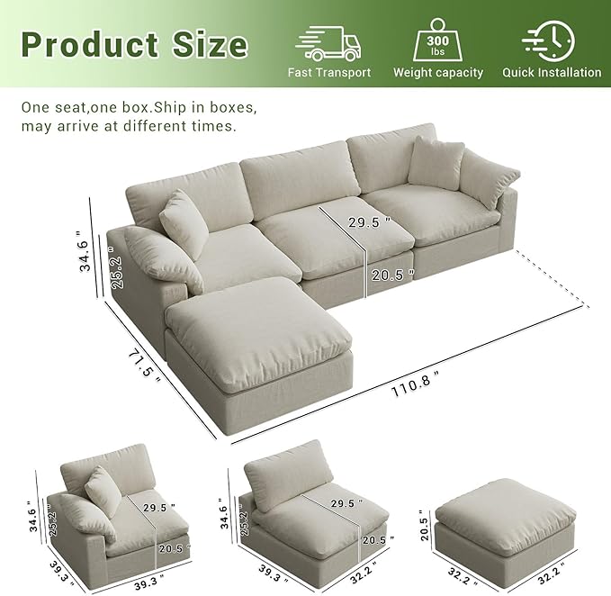 Intuition Decor Oversize Cloud Modular Sectional Sofa,110.8" L Shape 3 Seaters with Chaise Down Filled Comfort Sofa Detachable Couch Cushion Covers for Living Room