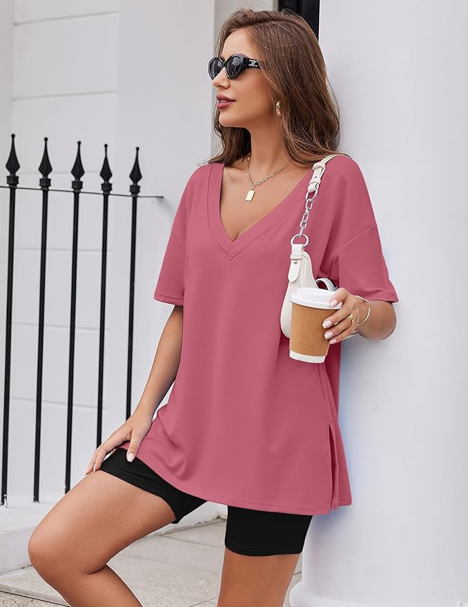Ekouaer Womens Pajamas 2 Piece Lounge Sets Oversized V Neck T-Shirts Tops Biker Shorts Set Workout Reversible Tracksuit S-XXL