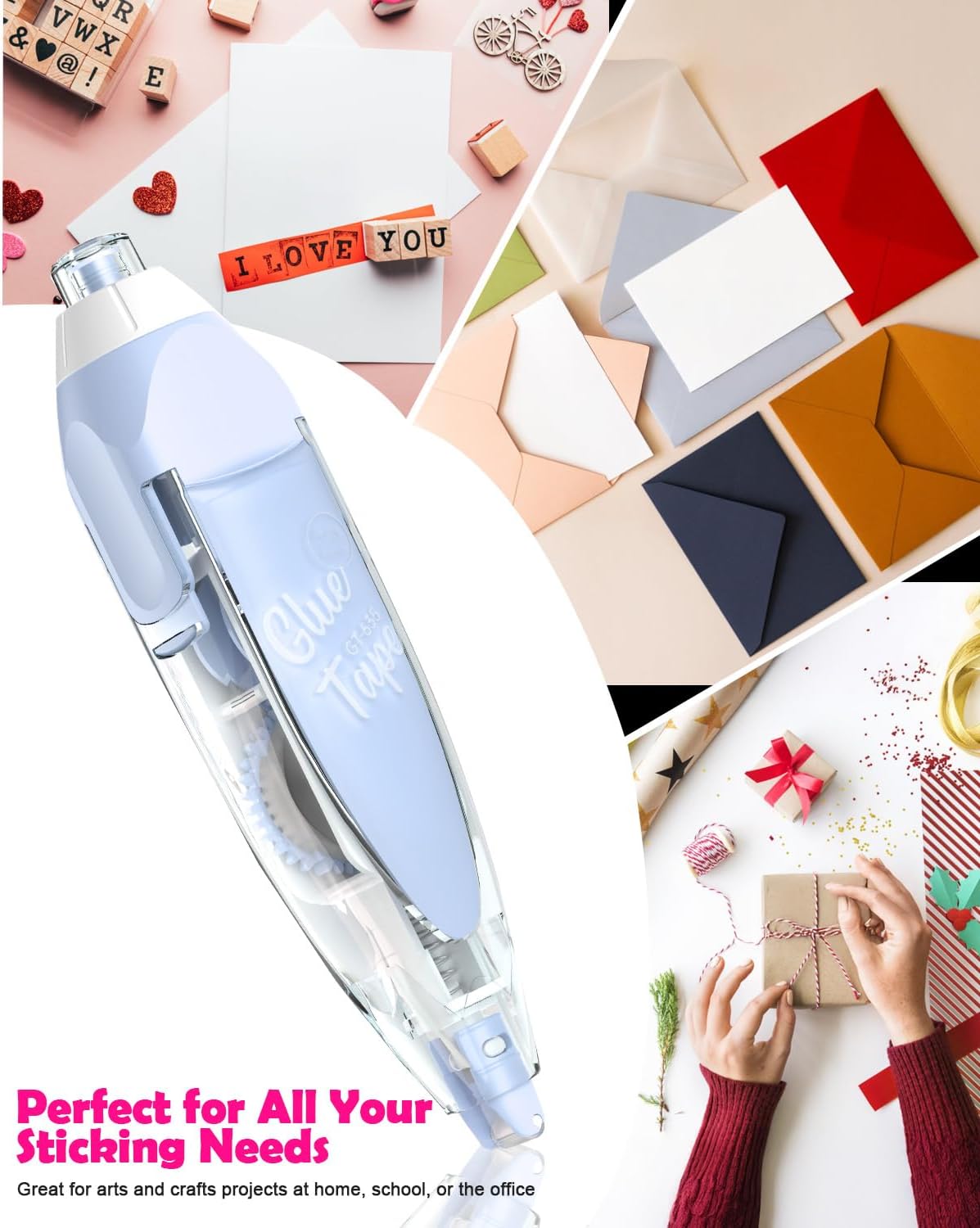 Retractable Glue Tape for Scrapbooking, 2 Pcs Double Sided Tape Roller for Crafts with 4 Extra Refills,16FT Scrapbook Tape Runner, Tape for Gift Wrapping Art Junk Journal School Office Supplies