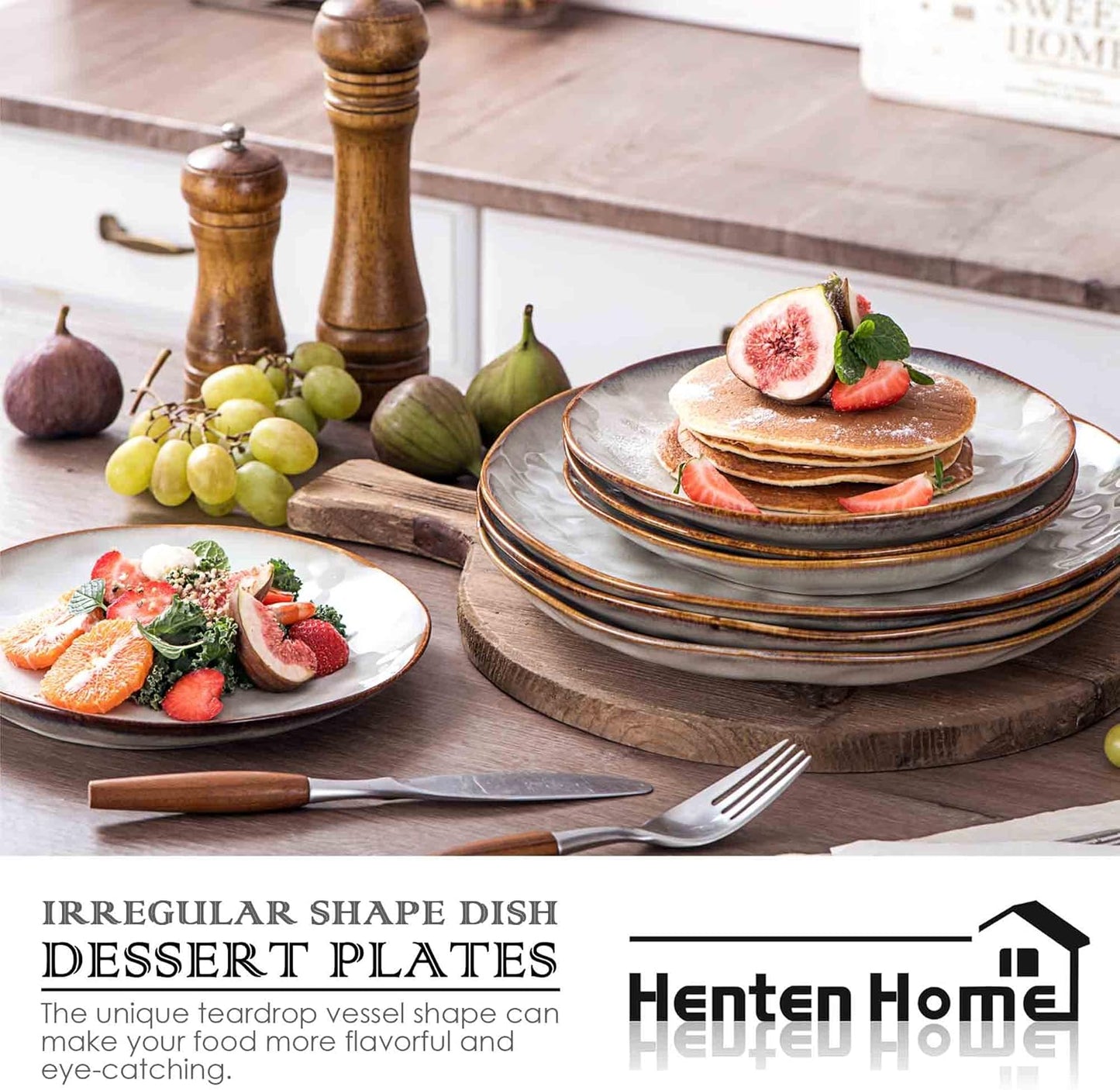 Henten Home Ceramic Dessert Plates, 8.5 Inch Salad Plate Set of 4, Porcelain Snack Serving Dishes for Cake, Kitchen, Microwave & Dishwasher Safe, Reactive Glaze (White)