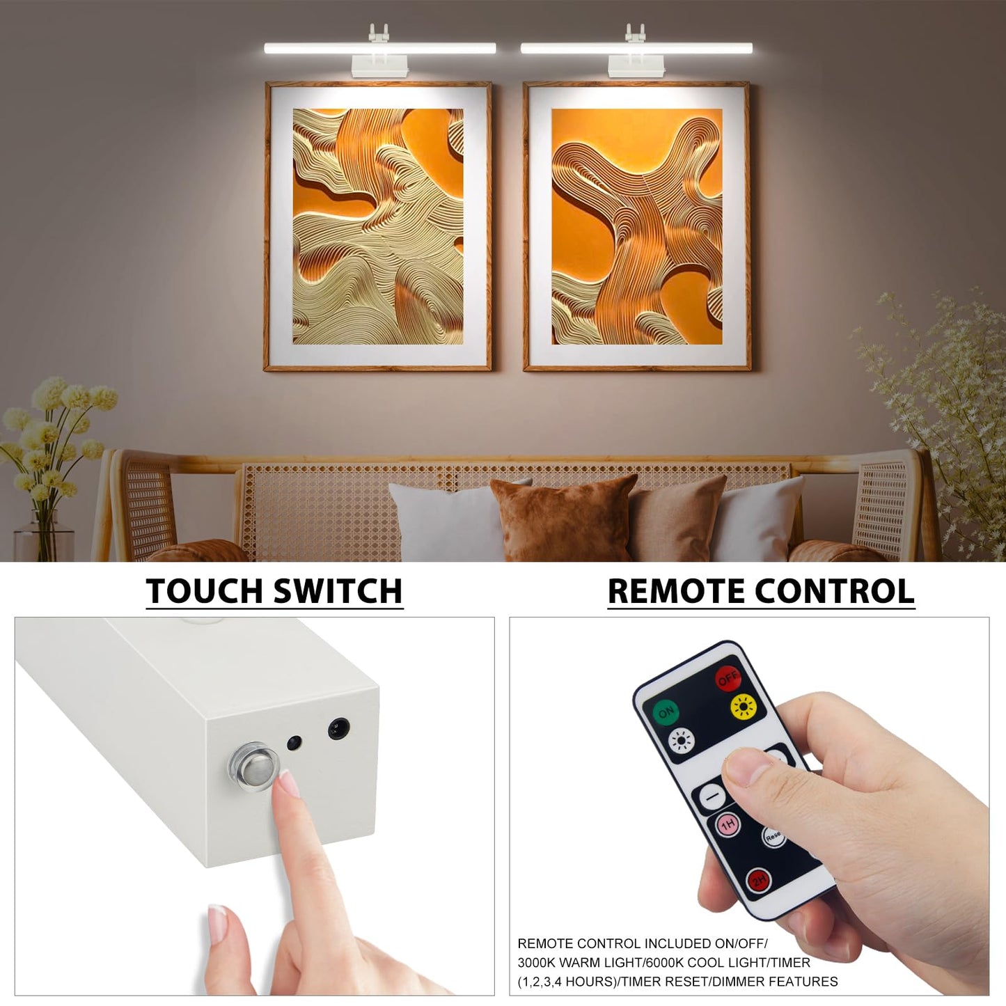 RAIFOOLLY Picture Light,Picture Lights for Wall Cordless,16" Picture Lights with Timer and Dimmable,Battery Wall Lights for Display Gallery Painting Art Frame Portrait-WH