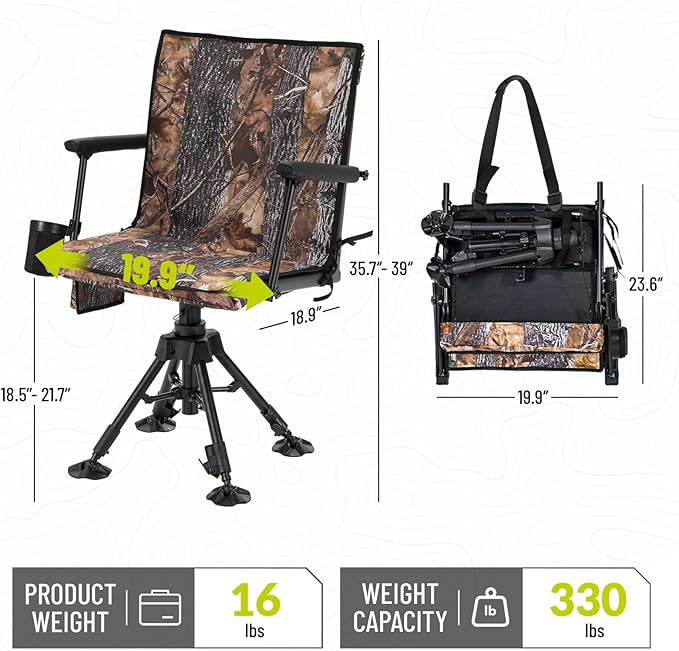 HUNTSEN 360° Silent Swivel Hunting Chair for Blinds - Stable Portable Ground Blind Chair Adjustable 4 Legs & Seat Height Folding Outdoor Fishing Seat with Anti-Sink Feet Armrest - Supports 330lbs