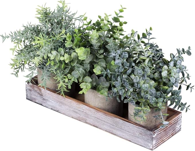 Winlyn Set of 3 Mini Potted Artificial Eucalyptus Plants Faux Rosemary Plant Assortment with Wood Planter Box for Indoor O...