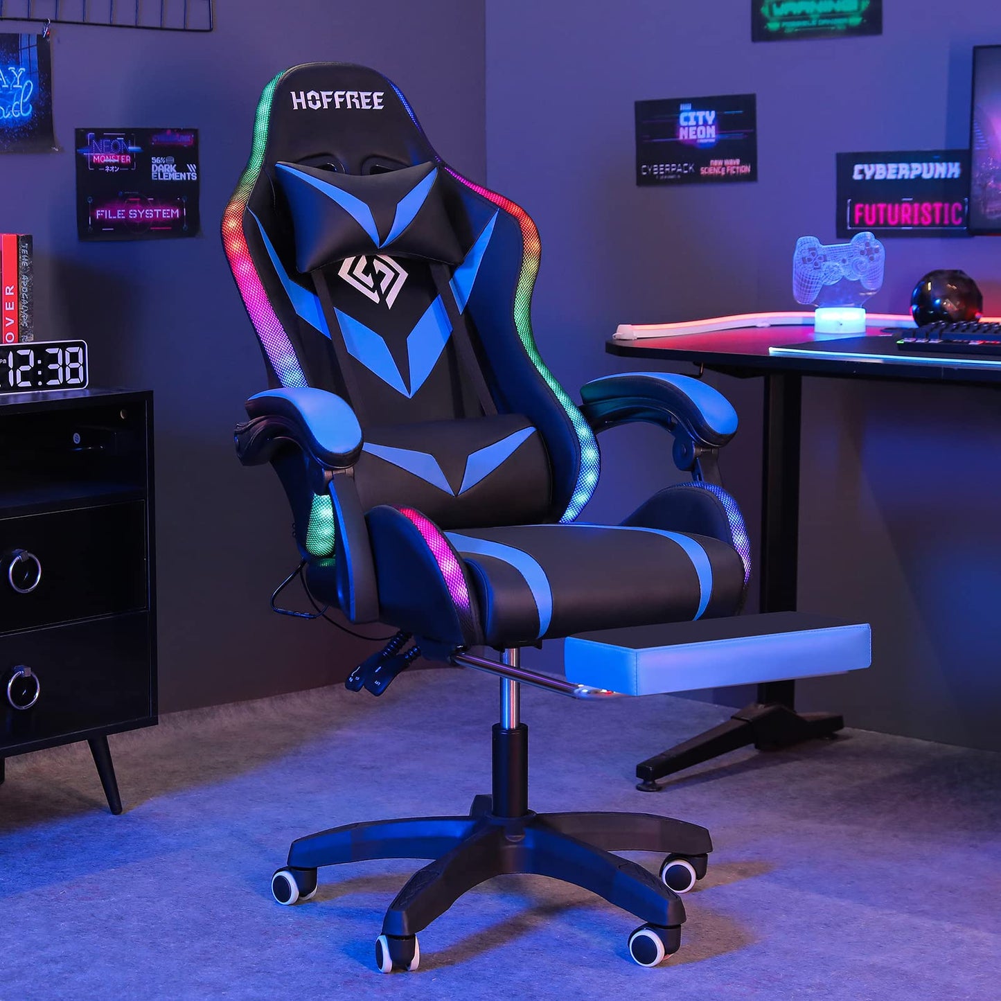 RGB Gaming Chair with Massage and LED Lights Ergonomic Video Game Chairs with Footrest High Back Reclining Computer Chair with Adjustable Lumbar Support Blue and Black