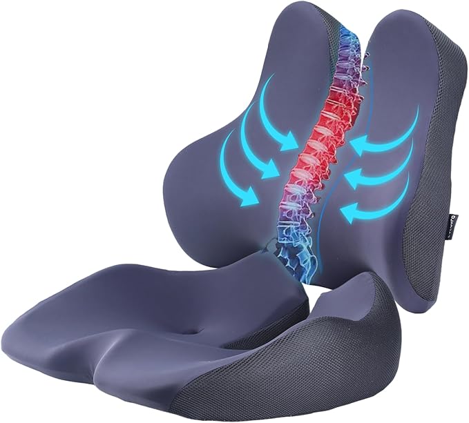 KWYBOW Large Seat Cushion & Lumbar Support Pillow Set for Car & Office Chair,Memory Foam Ergonomic Desk for Tailbone & Sciatica & Hip Pain Relief,Back Support-Black