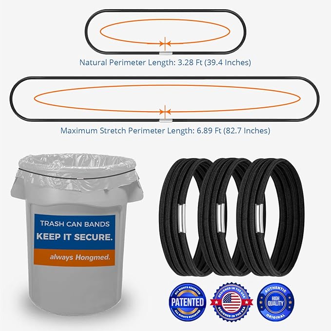 Trash Can Bands Set of 3, Fits 32 to 55 Gallon Cans, Hongmed Large Elastic Rubber Bands for Kitchen/Office/Garage, Secure Garbage Bags Black.