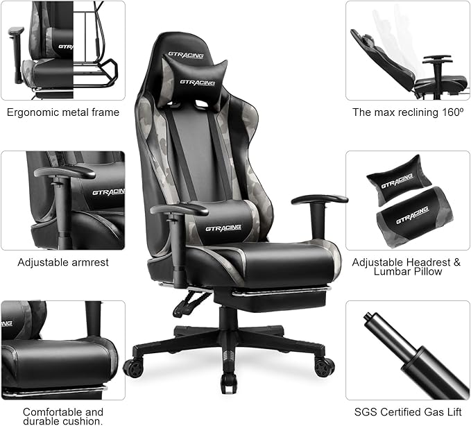 GTPLAYER Gaming Chair with Footrest, Ergonomic Computer Game Desk Chair, Reclining Game Chair Seat Height Adjustment, Swivel Rocker with Headrest and Lumbar (Camouflage)