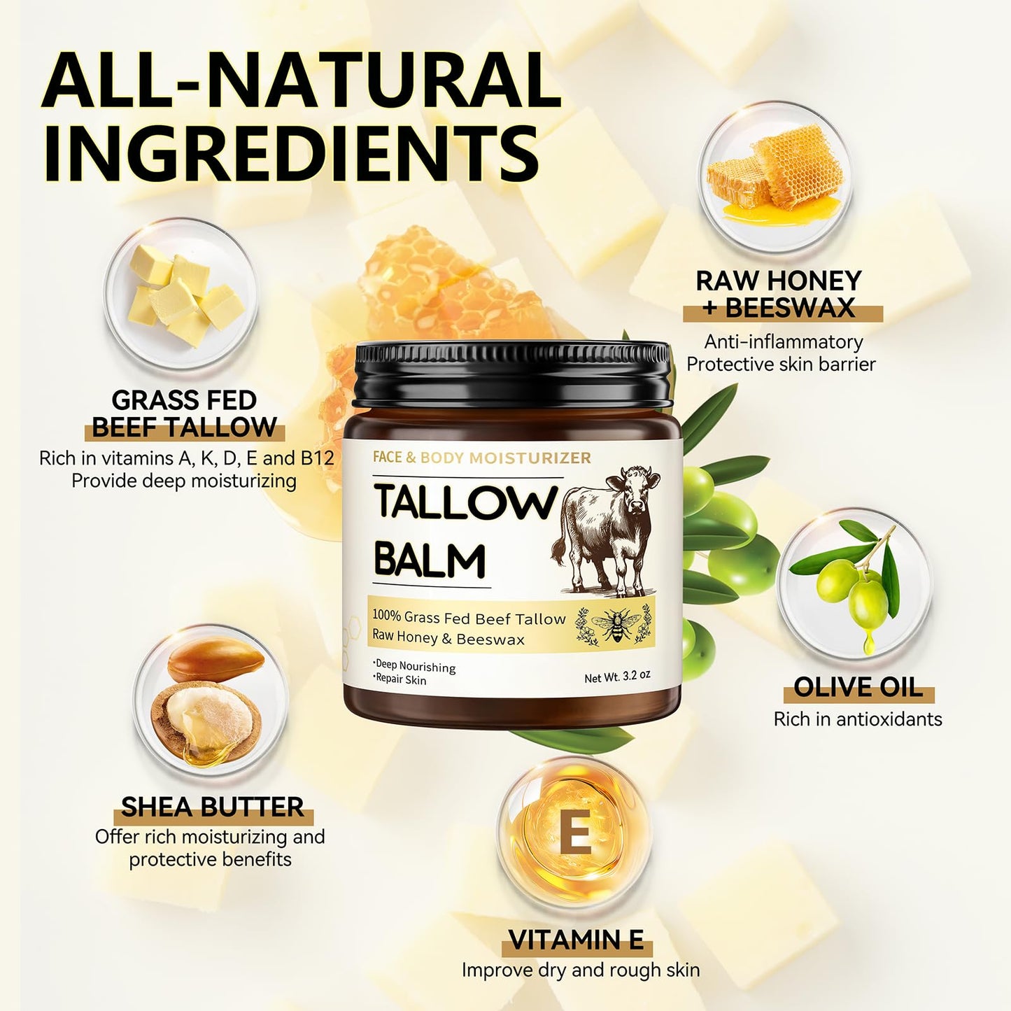 Beef Tallow for Skin, Organic Tallow and Honey Balm for Face, Natural Face Moisturizer, Grass Fed Beef Tallow Skin Care Cream Bo