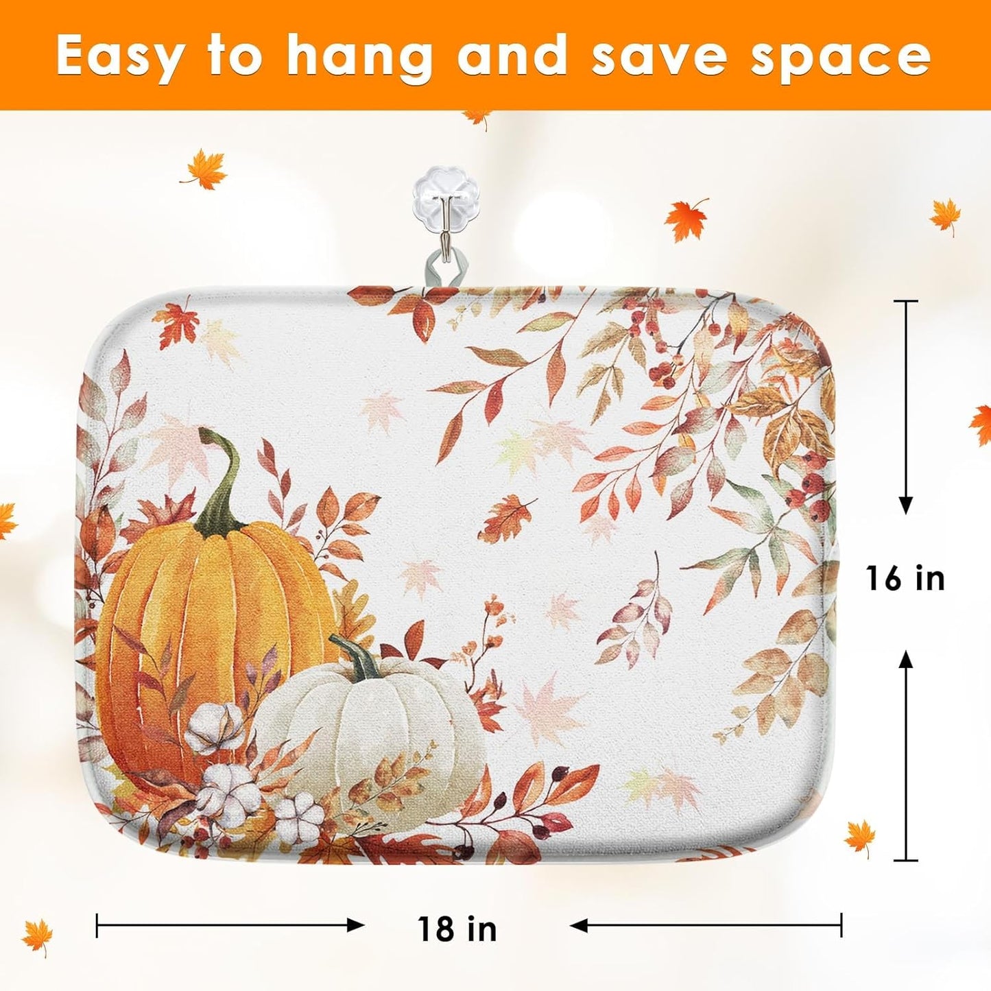 Sanwarm Autumn Orange White Pumpkin Absorbent Dish Drying Mat,Fall Leaves Thanksgiving Microfiber Pad for Kitchen Counter, Coffee Bar Decor, Heat Resistant and Reversible,16" x 18"