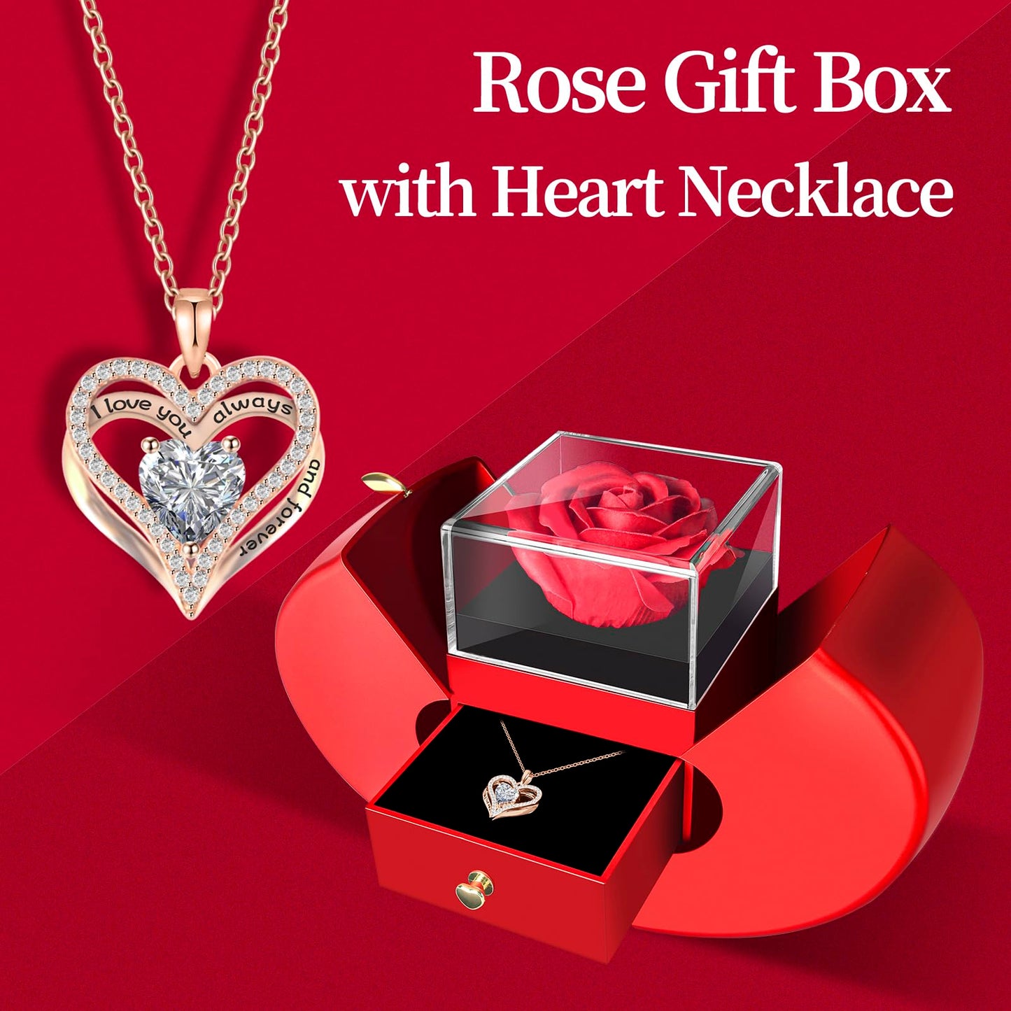 Preserved Flower Red Rose with Heart Necklace, Gifts for Mom, Girlfriend, Women, Wife, Grandma on Christmas, Valentine's Day, Mother's Day, Birthday, Anniversary, Thanksgiving