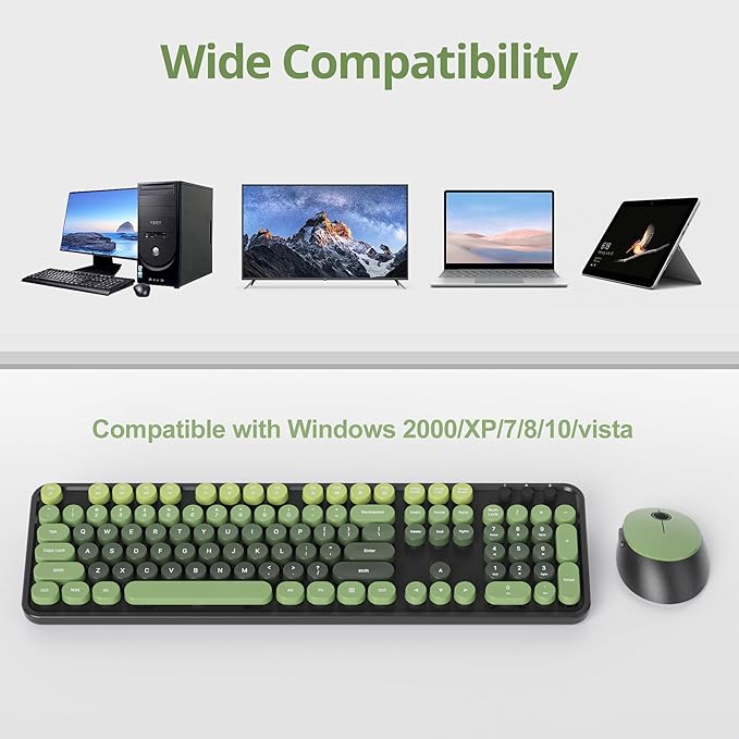 Owpkeenthy Keyboard and Mouse Wireless, Cute Retro Full-Size Cordless Keyboard with Number Pad 2.4 GHz Wireless USB Receiver for Computer (Dark Green)