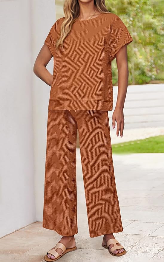 PRETTYGARDEN 2 Piece Outfits For Women Casual Tracksuit Short Sleeve Tops And Wide Leg Long Pants Matching Lounge Sets