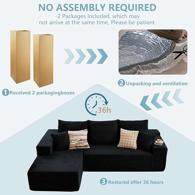 107" W Cloud Sectional Couch with L-Shape Chaise, Modern Corduroy Boneless Couch for Living Room,Memory Foam Sofa with Deep Seat,No Assembly Required (Black,Left-Facing Chaise)