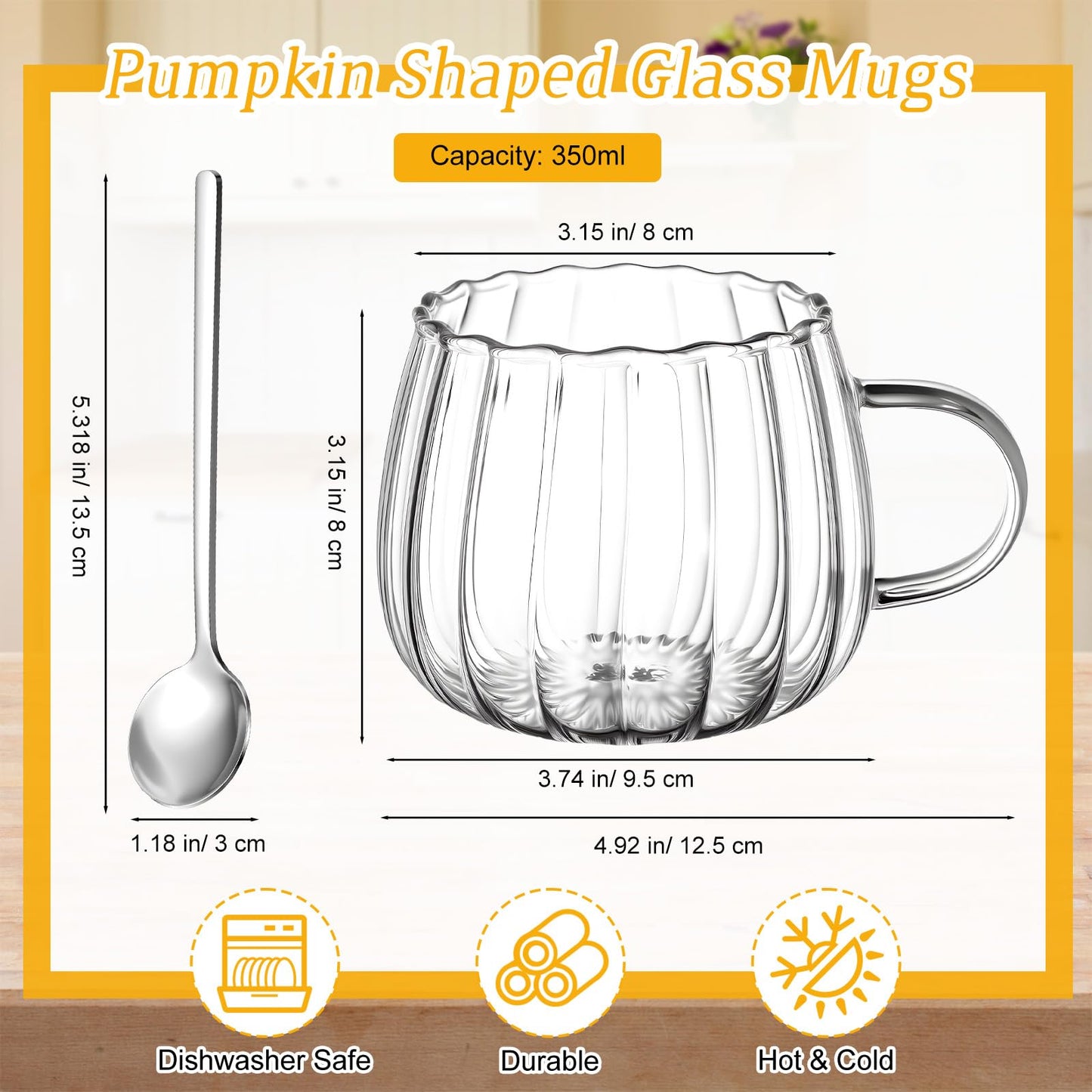 Layhit 6 Sets Pumpkin Shaped Glass Coffee Mugs with Spoons 13.5 oz Clear Tea Cups with Handle Mini Spoons for Milk, Latte, Cappuccino, Espresso, Cold or Hot Drinks