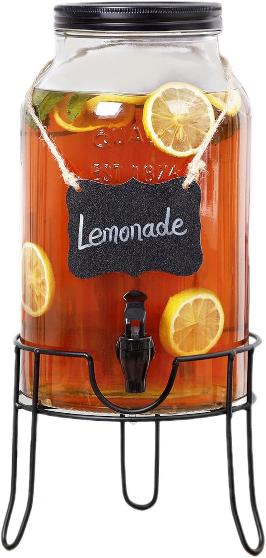 1.5 Gallon Glass Drink Dispensers for Parties, Ice Beverage Dispensers with Stand, Glass Water Dispenser with Spigot, Laun...