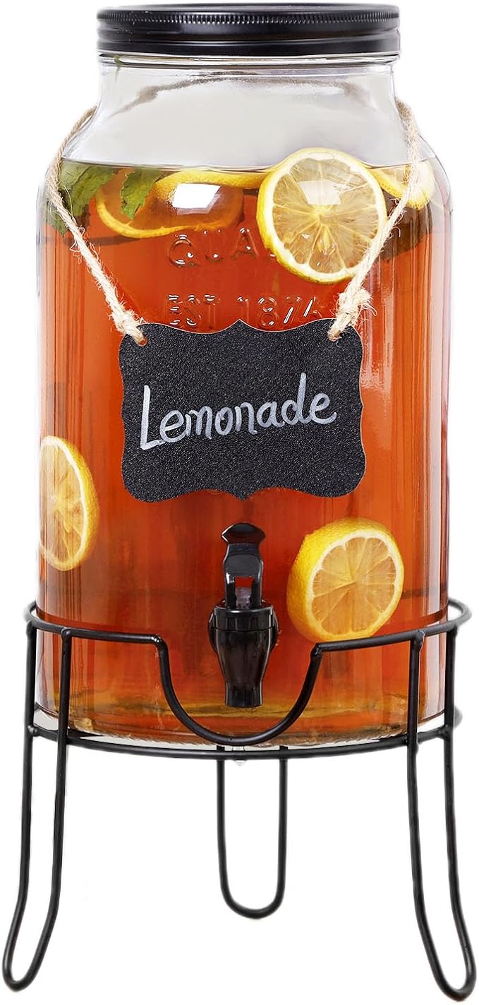 1.5 Gallon Glass Drink Dispensers for Parties, Ice Beverage Dispensers with Stand, Glass Water Dispenser with Spigot, Laun...