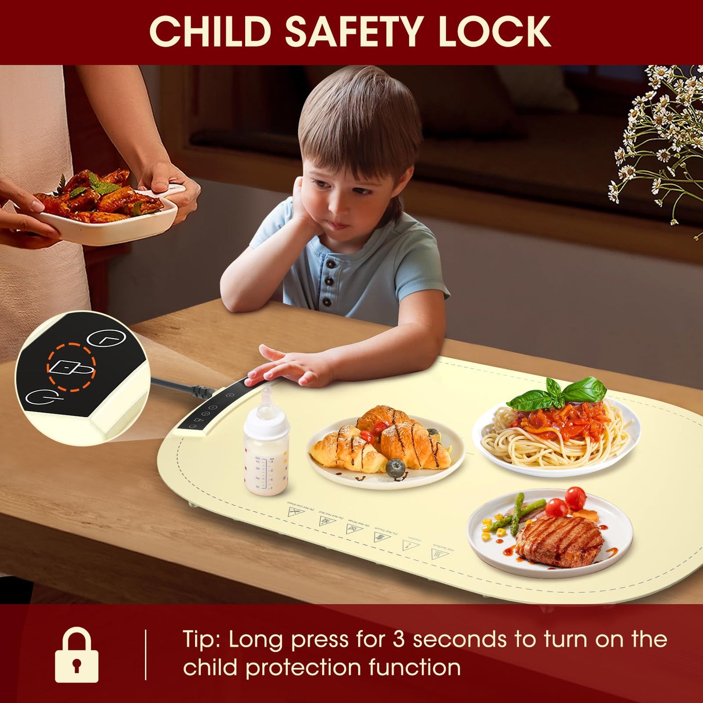 Warming Mat for Food, MQUPIN Food Warming Mat with 7 Temp Settings 1-4 H Timer and Child Safety Lock, Full Surface Heating Roll Up Electric Warming Tray for Gatherings,Parties,Buffet,Daily Use（Beige）