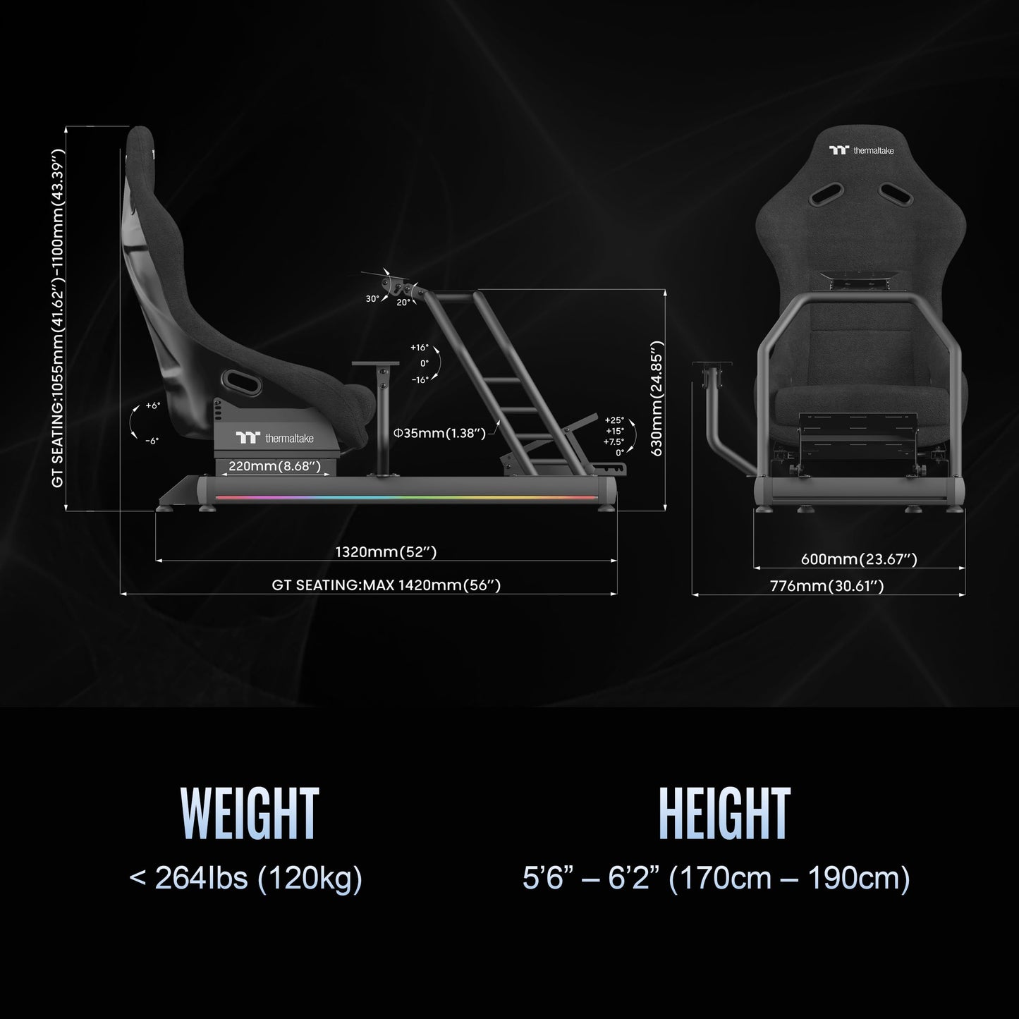 Thermaltake GR500 Racing Simulator Cockpit, Compatible with Trustmaster, Logitech, Fanatec Racing Wheel, GSC-R50-CPASBB-01