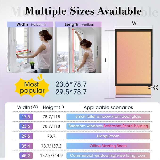Coavas Stained Glass Window Privacy Film Rainbow Frosted Decorative Static Clings, Opaque Iridescent Prism Window Decals, Sun Blocking Anti-Glare Door Coverings(11.8 x 78.7 Inch, Colorful)