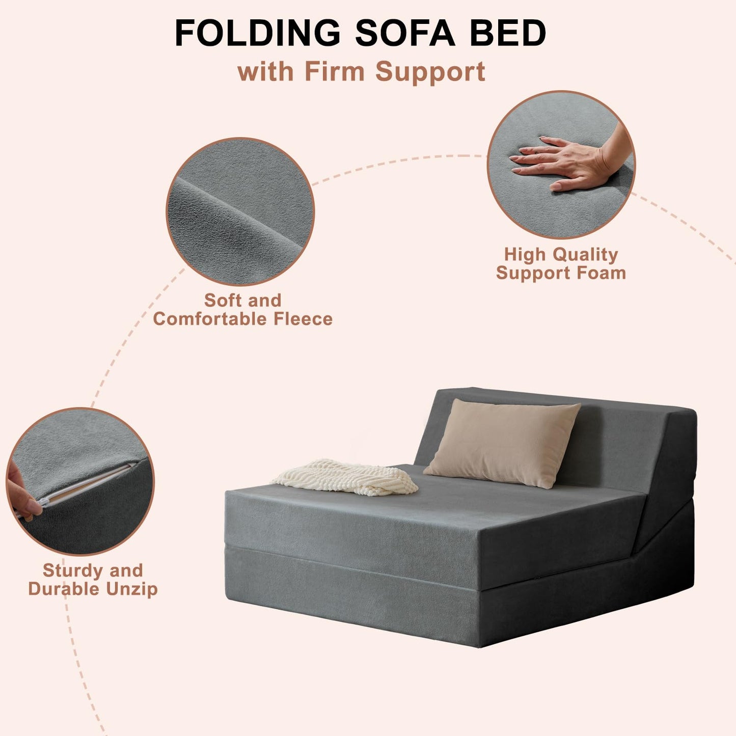 Rilelola Folding Sofa Bed, Sleeper Chair and Futon Couch, Convertible Sofa Bed, Floor Sofa for Living Room/Guest Room/Dorm/Home Office, Twin Size, Dark Gray