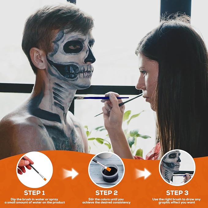 Halloween Makeup Kit, White + Black + Silver Face Painting Kit for Adults 60g(2.1 oz), Body Paint Kit with Brushs for Halloween Makeup, Party, Cosplay, Theater