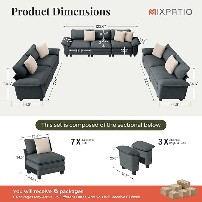 MIXPATIO Cloud Couch Sectional Sofa Set, Plush 24.4-Inch Deep 7-Seat Sectional with Velvety Chenille & Removable Arms for Living Room and Apartment, Cyan
