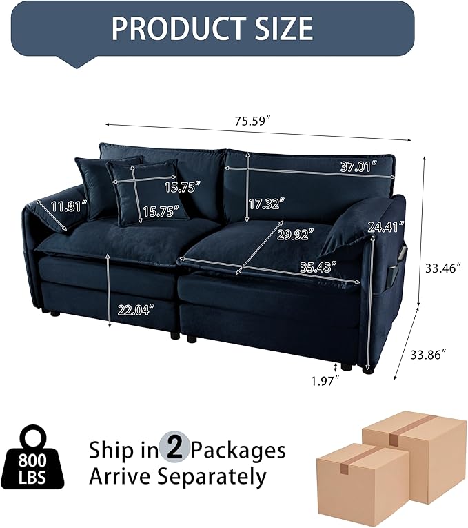 RENDGO 76" Modular Sectional Sofa, Chenille Cloud Couch for Living Room & Apartment, Deep Seat Comfort, Flexible Loveseat Combination Sofa for Home & Office,Blue
