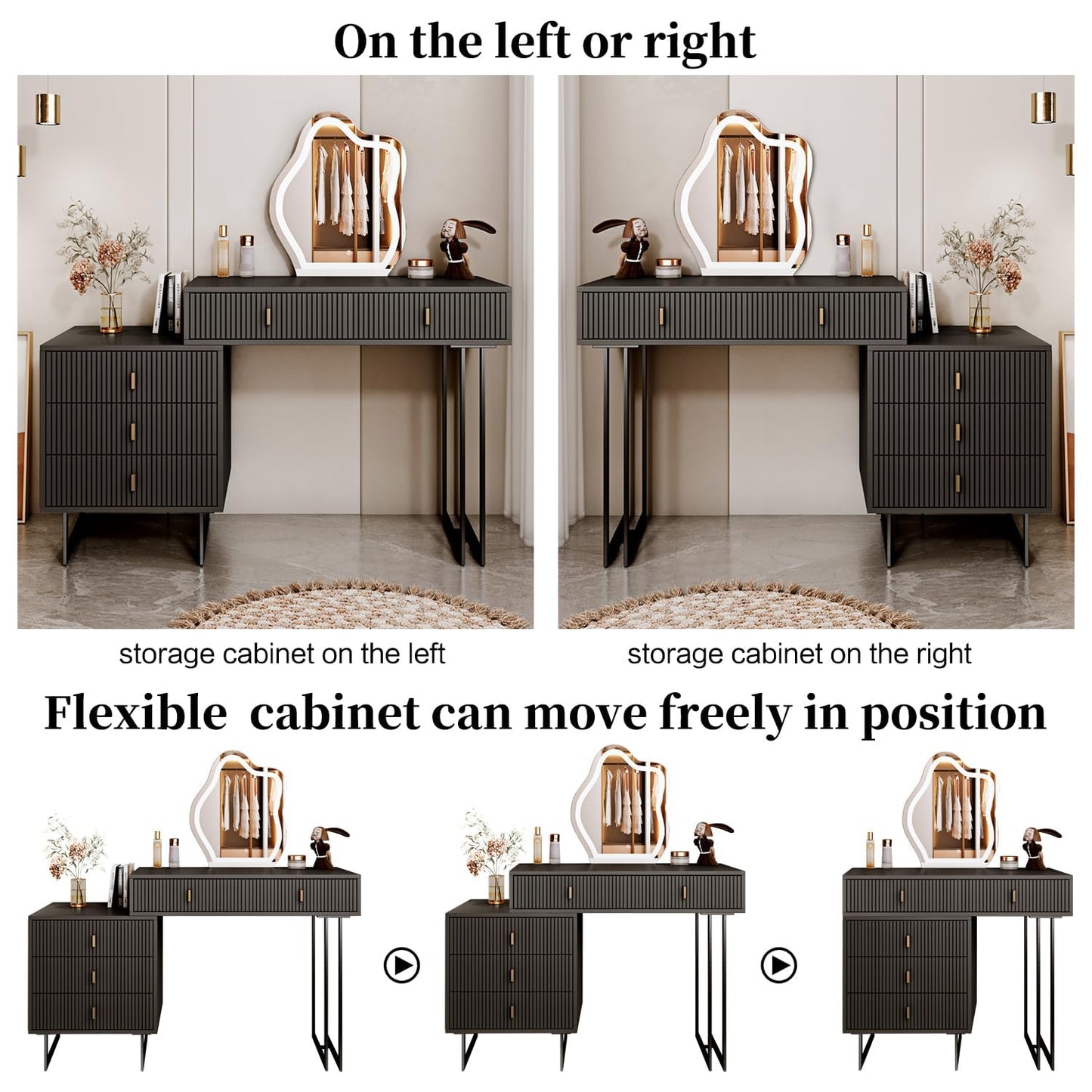 Ieejdn Black Vanity Desk with Mirror and Lights,Small Makeup Vanity with 5 Drawers, Modem Makeup Table with Adjustable Cabinet for Bedroom,Makeup Room