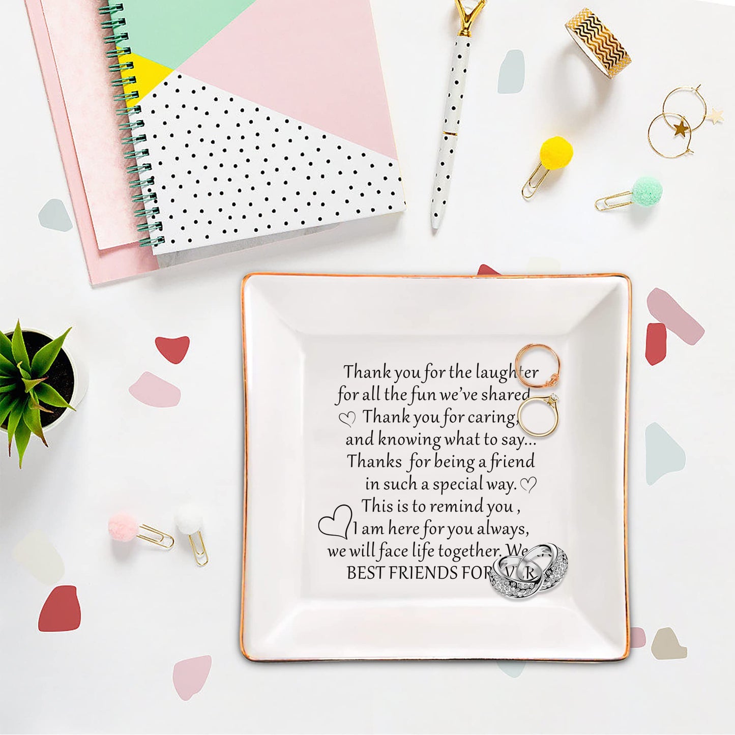 XJF Best Friends Bestie Gifts for Her Ceramic Jewelry Trinket Dish - Best Friends Forever Gift, Friendship Gift for Female, Birthday, Christmas Gift for Best Friend Women
