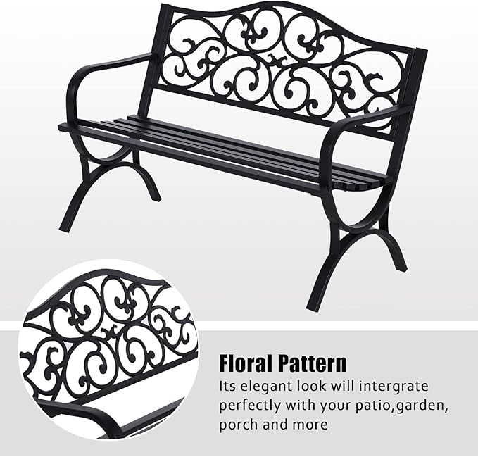 MFSTUDIO Outdoor Metal Bench Set of 2, 50 Inches Outdoor Garden Bench, Cast Iron Metal Frame Patio Park Bench with Floral Pattern Backrest, Arch Legs for Porch Lawn Yard, Black