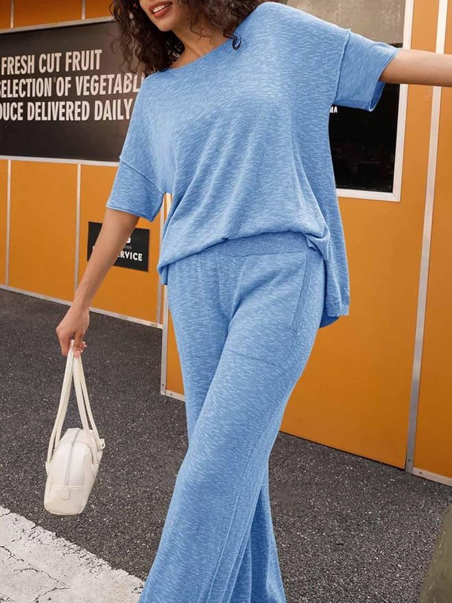 Tankaneo Women's 2 Piece Travel Outfits Casual Short Sleeve Knit Sweater Set Wide Leg Pants Lounge Sets Tracksuit