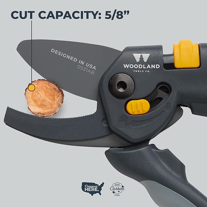 Woodland Tools Co. Heavy Duty Anvil Pruning Shears – 5/8" Cut Capacity, High Carbon Steel Blade, Internal Spring, Adjustable Grip Slider, Garden Pruner for Dry Branches, Stems, and Dead Growth
