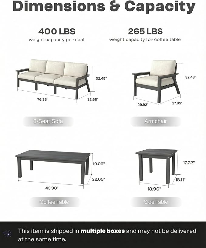 Patio Kingdom Patio Furniture Set 8 Seats, HDPE Outdoor Sectional with Beige Washable Thick Cushions, Coffee Table, Patio Conversation Sets for Lawn, Garden, Porch, Balcony, Deck (Grey Frame)